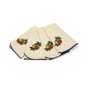 Vintage Sears Strawberry Applique‎ Fabric Napkins Set of 4  MCM Beige 17 x17 EUC